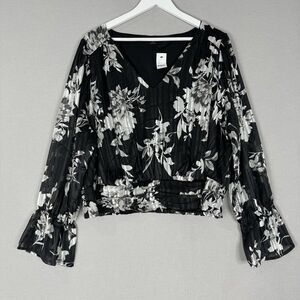 Lane Bryant Womens Top 22 Black Floral Blouse Balloon Sleeve Cottagecore Boho